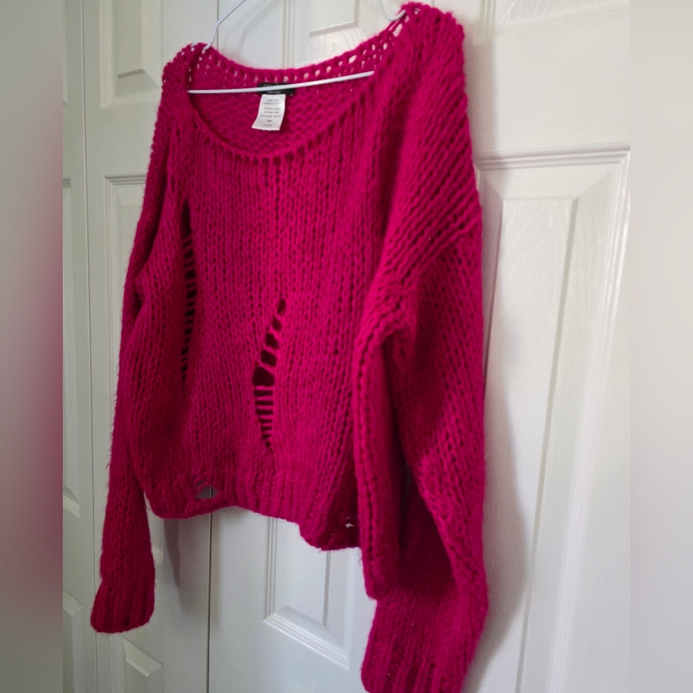 Fuchsia Pink Distressed Knit Sweater M - Picture 5 of 9